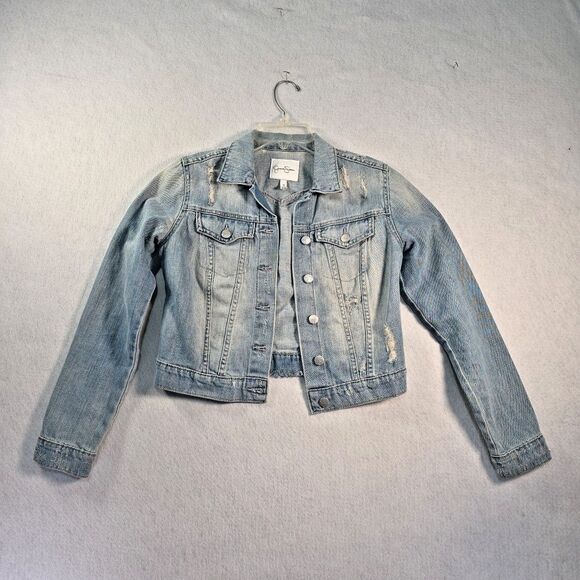 Jessica Simpson Cropped Denim Jacket Size Small Blue Distressed Pixie Fit - Picture 1 of 10